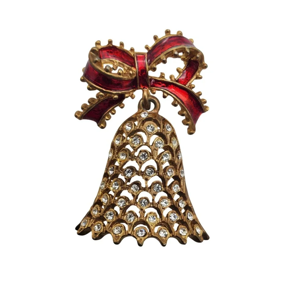 Gerrys Mylu Bell Brooch Gold Christmas Holiday Rhinestone Enamel Vintage Winter